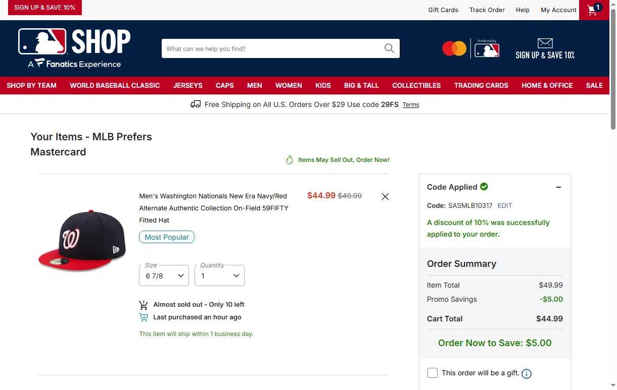 Washington Nationals checkout page showing Washington Nationals promo code box | Screenshot taken by SimplyCodes community member on Jan 29, 2026