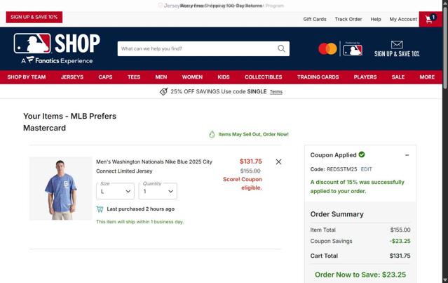 Washington Nationals checkout page showing Washington Nationals promo code box | Screenshot taken by SimplyCodes community member on Oct 5, 2025