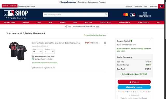 Washington Nationals checkout page showing Washington Nationals promo code box | Screenshot taken by SimplyCodes community member on Oct 5, 2025