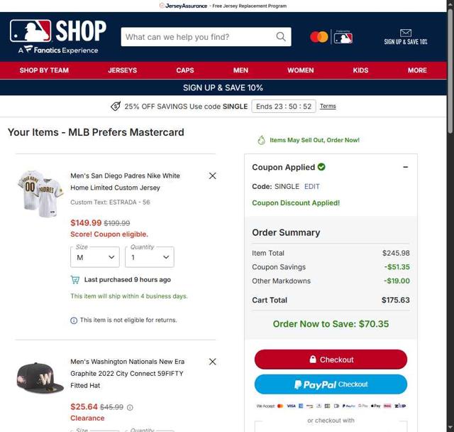 Washington Nationals checkout page showing Washington Nationals promo code box | Screenshot taken by SimplyCodes community member on Sep 10, 2025