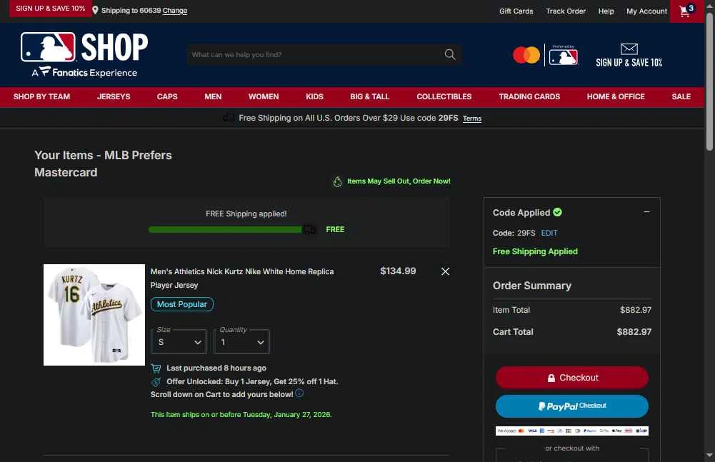 Washington Nationals checkout page showing Washington Nationals promo code box | Screenshot taken by SimplyCodes community member on Jan 13, 2026