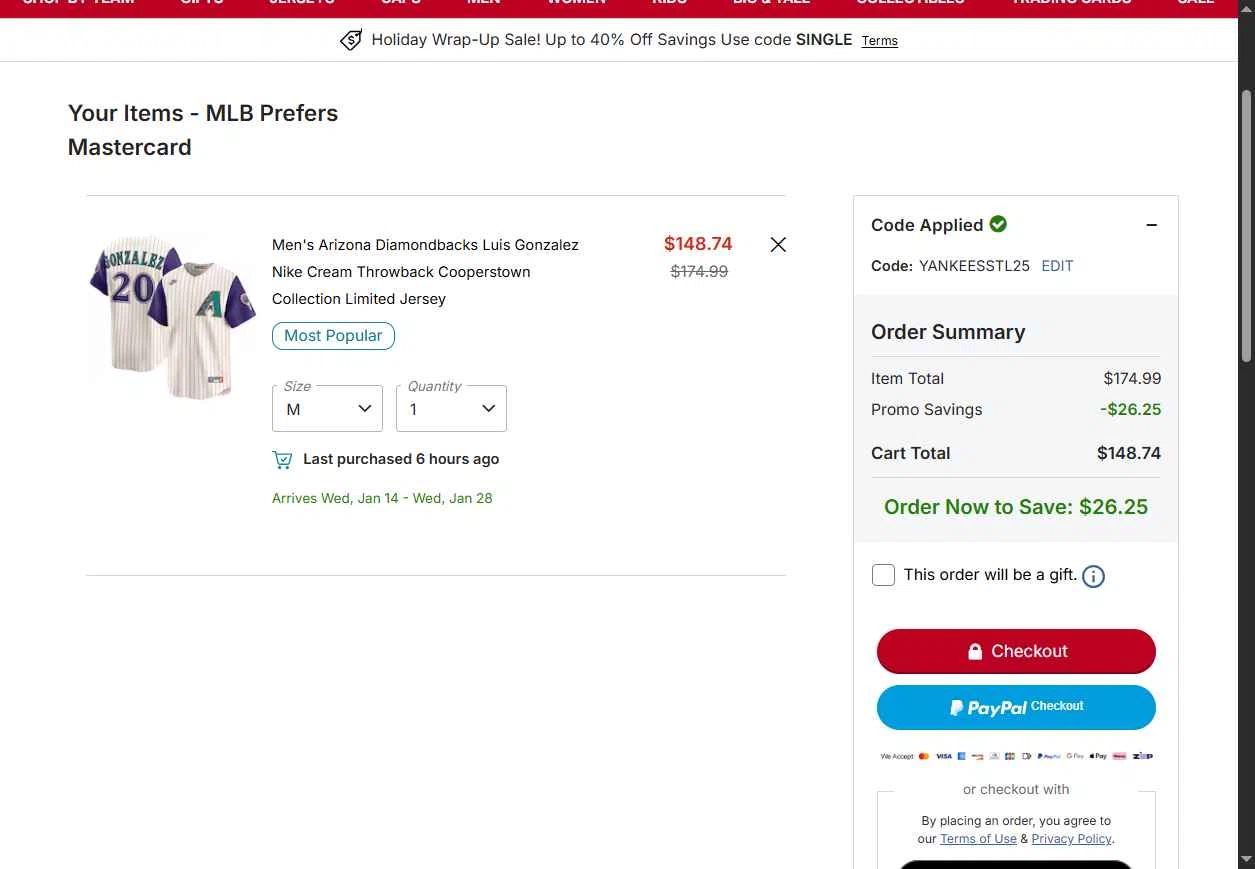 Washington Nationals checkout page showing Washington Nationals promo code box | Screenshot taken by SimplyCodes community member on Dec 26, 2025