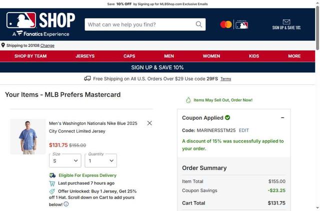 Washington Nationals checkout page showing Washington Nationals promo code box | Screenshot taken by SimplyCodes community member on Sep 11, 2025