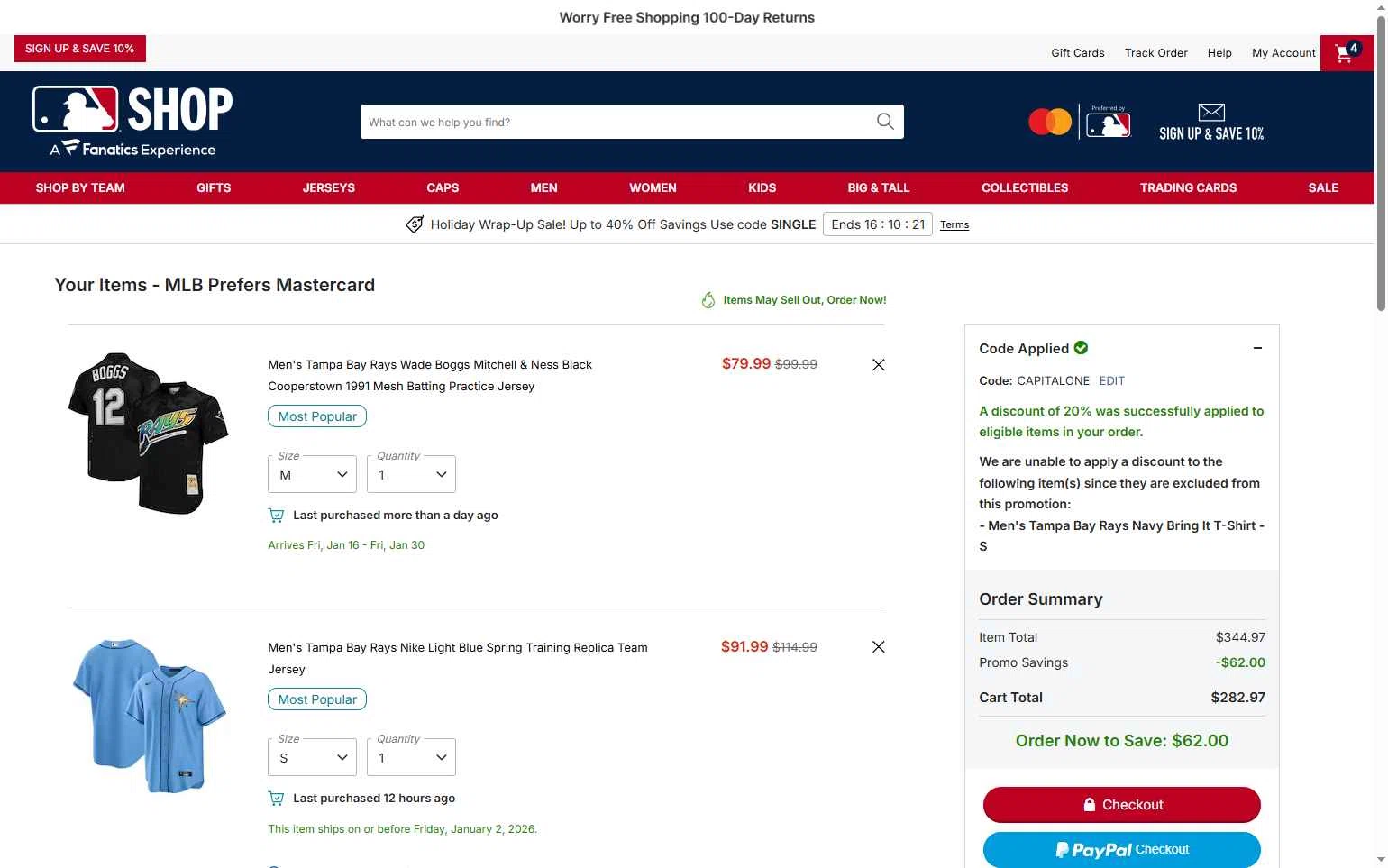 Washington Nationals checkout page showing Washington Nationals promo code box | Screenshot taken by SimplyCodes community member on Dec 31, 2025