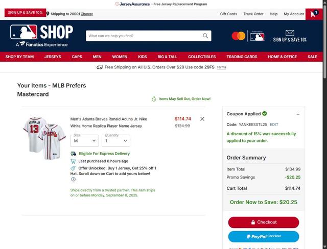 Washington Nationals checkout page showing Washington Nationals promo code box | Screenshot taken by SimplyCodes community member on Sep 7, 2025