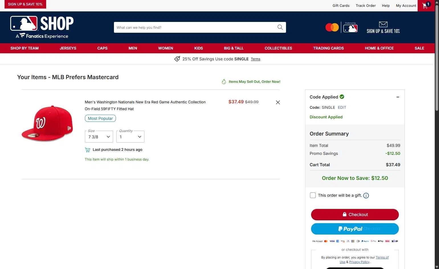 Washington Nationals checkout page showing Washington Nationals promo code box | Screenshot taken by SimplyCodes community member on Jan 15, 2026