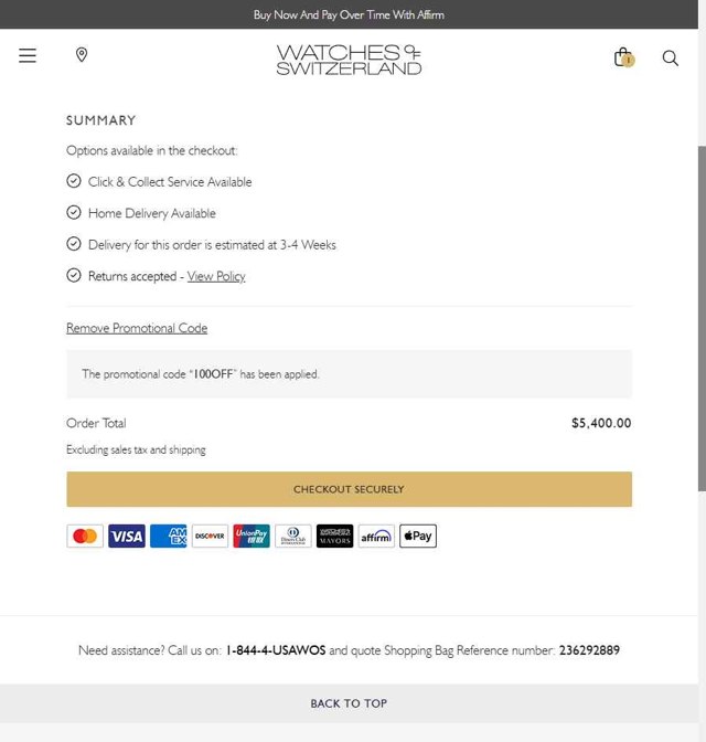 Watches of Switzerland checkout page showing Watches of Switzerland promo code box | Screenshot taken by SimplyCodes community member on Apr 8, 2025