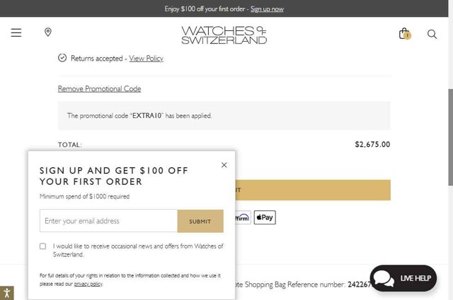 Watches of Switzerland checkout page showing Watches of Switzerland promo code box | Screenshot taken by SimplyCodes community member on May 10, 2025