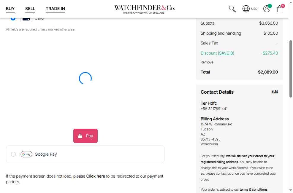 Watchfinder & Co. checkout page showing Watchfinder & Co. promo code box | Screenshot taken by SimplyCodes community member on Feb 6, 2026