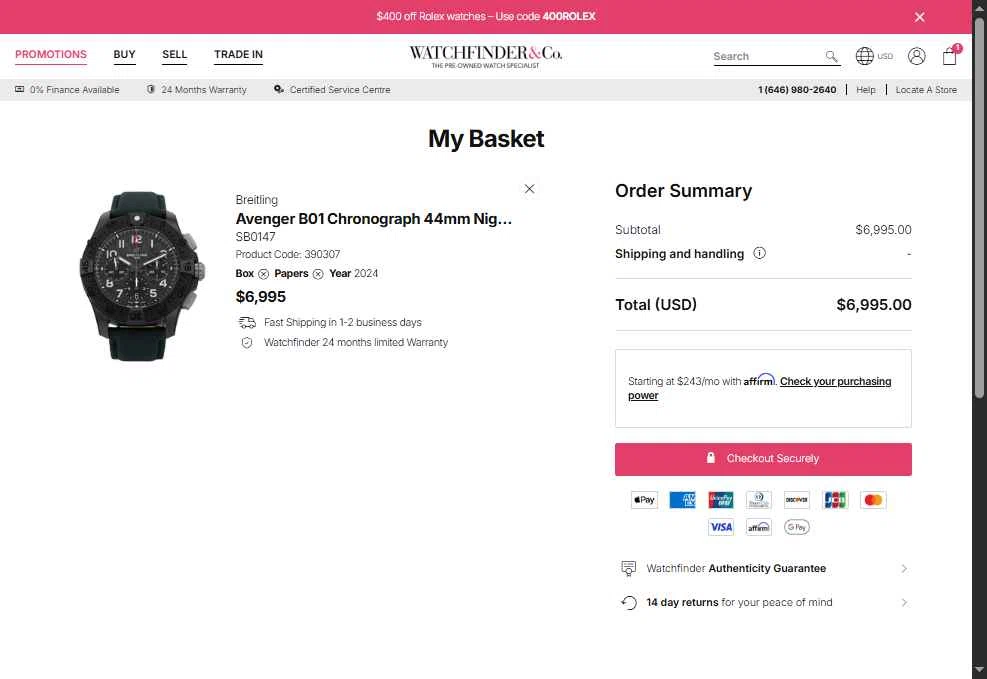 Watchfinder & Co. checkout page showing Watchfinder & Co. promo code box | Screenshot taken by SimplyCodes community member on Dec 13, 2025