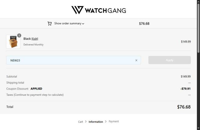 Watch Gang checkout page showing Watch Gang coupon code box | Screenshot taken by SimplyCodes community member on Aug 31, 2025