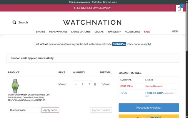 Watch Nation checkout page showing Watch Nation promo code box | Screenshot taken by SimplyCodes community member on Aug 29, 2025