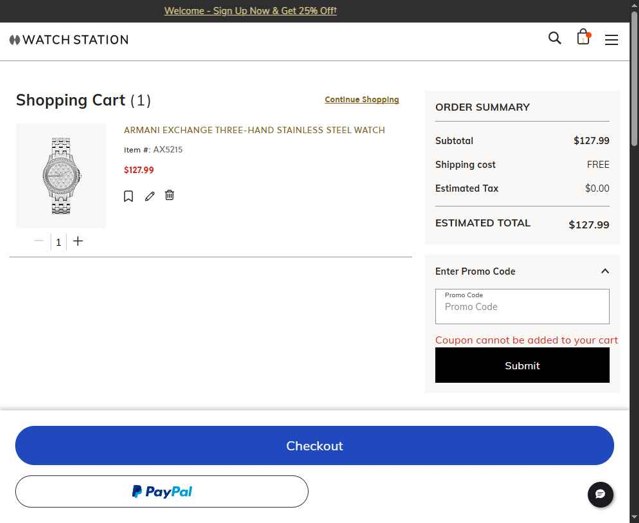 Watch Station checkout page showing Watch Station coupon code box | Screenshot taken by SimplyCodes community member on May 14, 2025