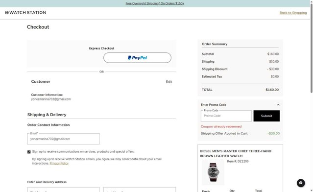 Watch Station checkout page showing Watch Station coupon code box | Screenshot taken by SimplyCodes community member on Jun 12, 2025