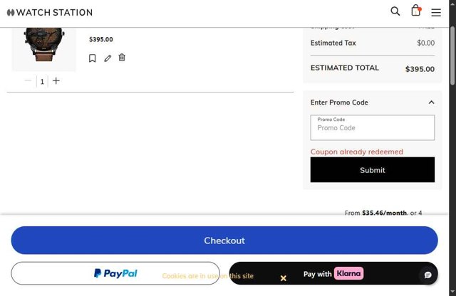 Watch Station checkout page showing Watch Station coupon code box | Screenshot taken by SimplyCodes community member on Sep 3, 2025