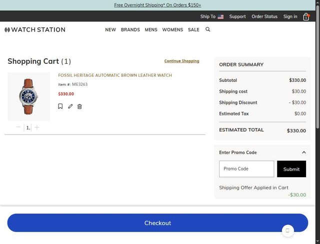 Watch Station checkout page showing Watch Station coupon code box | Screenshot taken by SimplyCodes community member on Jun 12, 2025