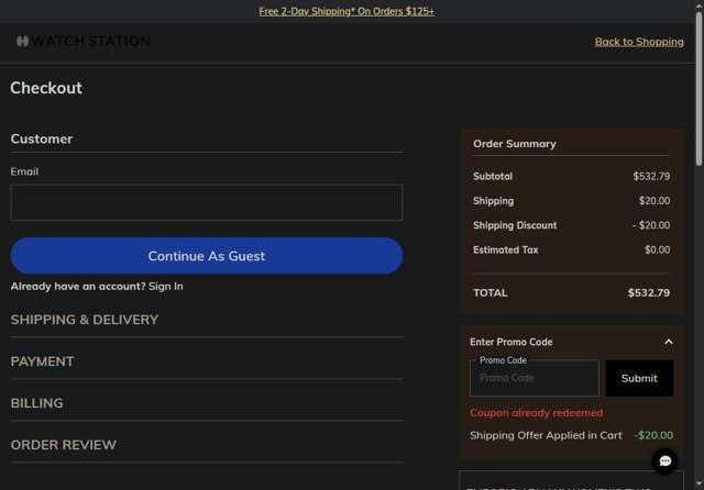 Watch Station checkout page showing Watch Station coupon code box | Screenshot taken by SimplyCodes community member on May 4, 2025