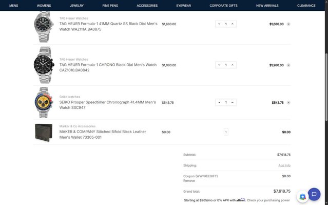 WatchWarehouse.com checkout page showing WatchWarehouse.com promo code box | Screenshot taken by SimplyCodes community member on Sep 4, 2025