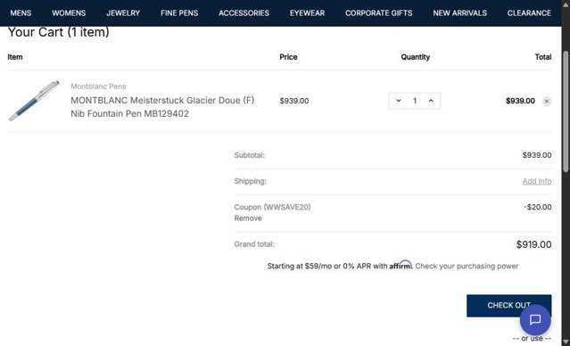 WatchWarehouse.com checkout page showing WatchWarehouse.com promo code box | Screenshot taken by SimplyCodes community member on Jul 19, 2025