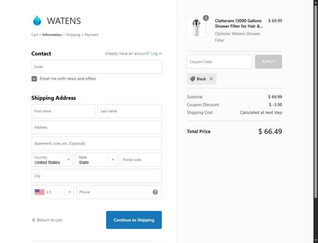 Watens checkout page showing Watens coupon code box | Screenshot taken by SimplyCodes community member on Aug 11, 2025