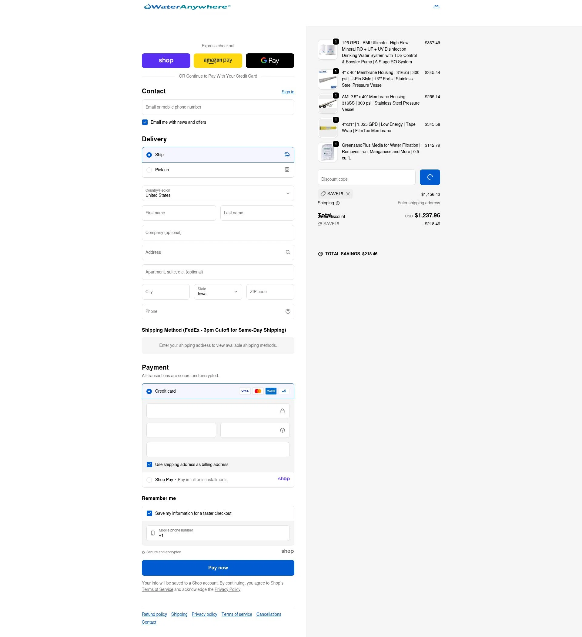 WaterAnywhere checkout page showing WaterAnywhere discount code box | Screenshot taken by SimplyCodes community member on Jan 2, 2026
