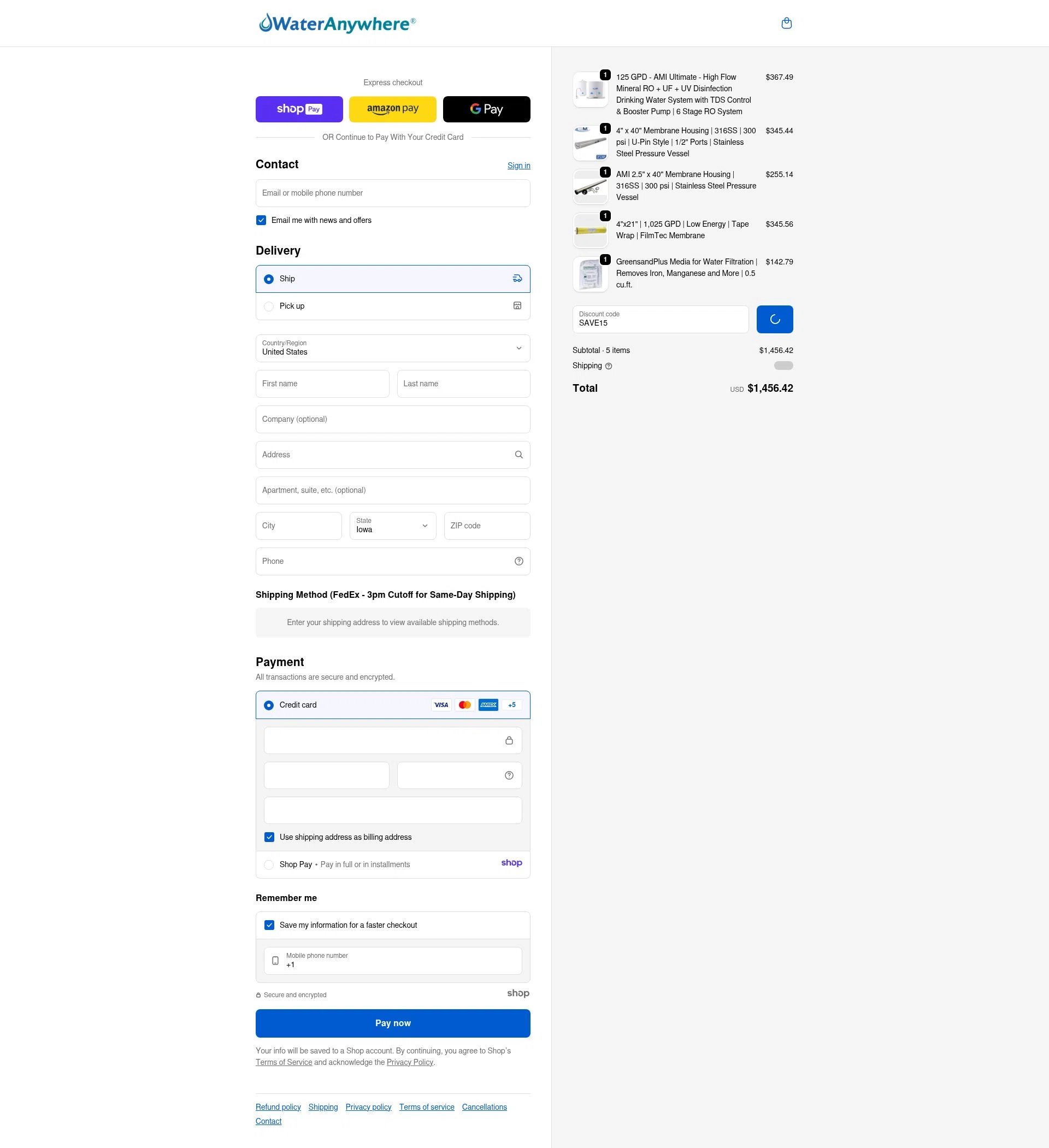 WaterAnywhere checkout page showing WaterAnywhere discount code box | Screenshot taken by SimplyCodes community member on Jan 7, 2026