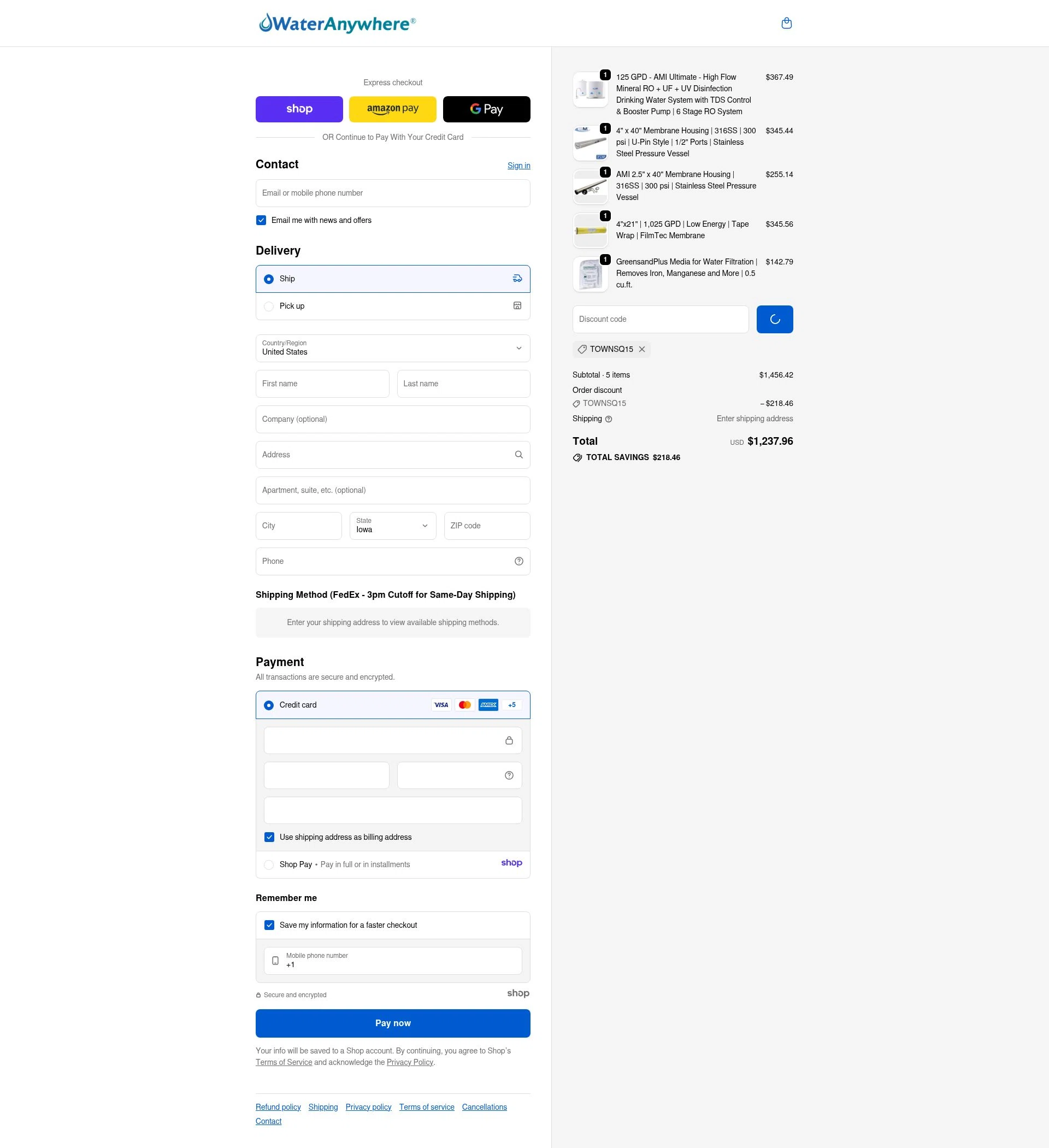 WaterAnywhere checkout page showing WaterAnywhere discount code box | Screenshot taken by SimplyCodes community member on Jan 2, 2026