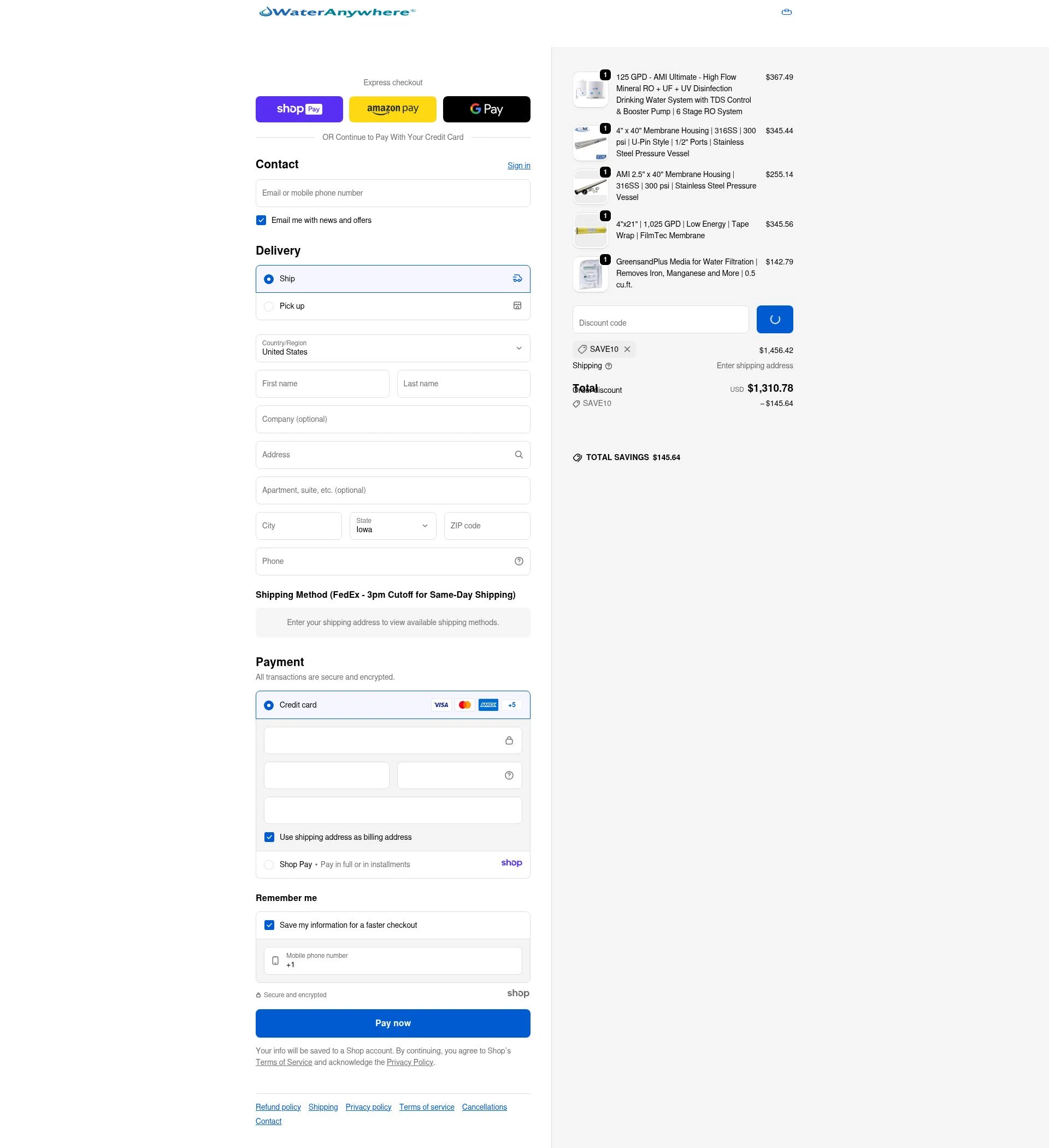 WaterAnywhere checkout page showing WaterAnywhere discount code box | Screenshot taken by SimplyCodes community member on Jan 7, 2026
