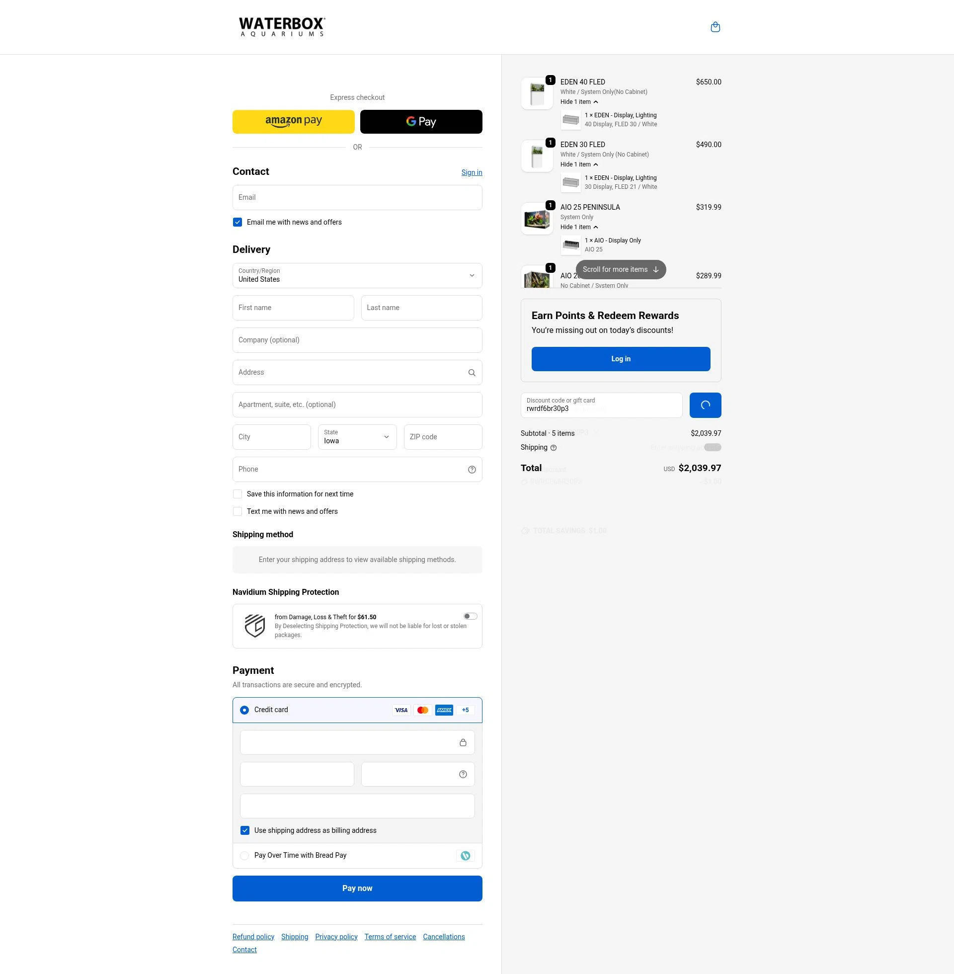 Waterbox Aquariums checkout page showing Waterbox Aquariums discount code box | Screenshot taken by SimplyCodes community member on Jan 1, 2026