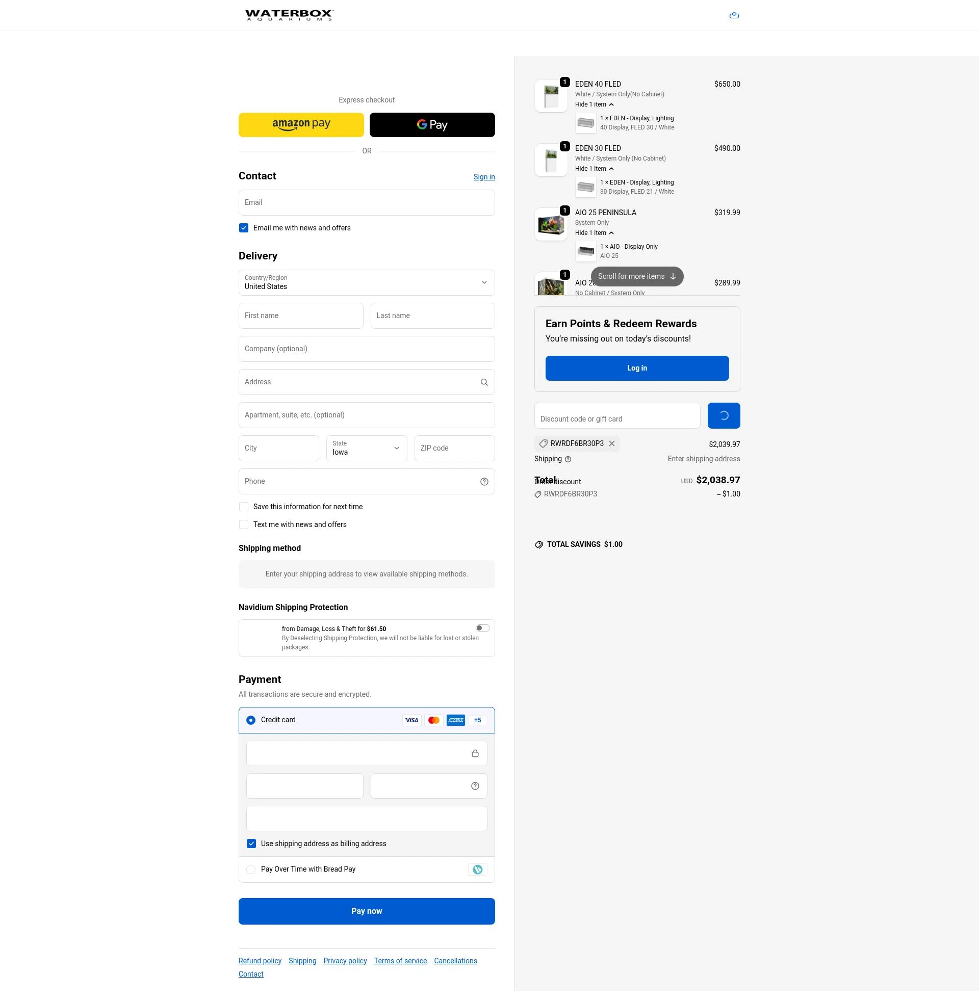 Waterbox Aquariums checkout page showing Waterbox Aquariums discount code box | Screenshot taken by SimplyCodes community member on Dec 23, 2025