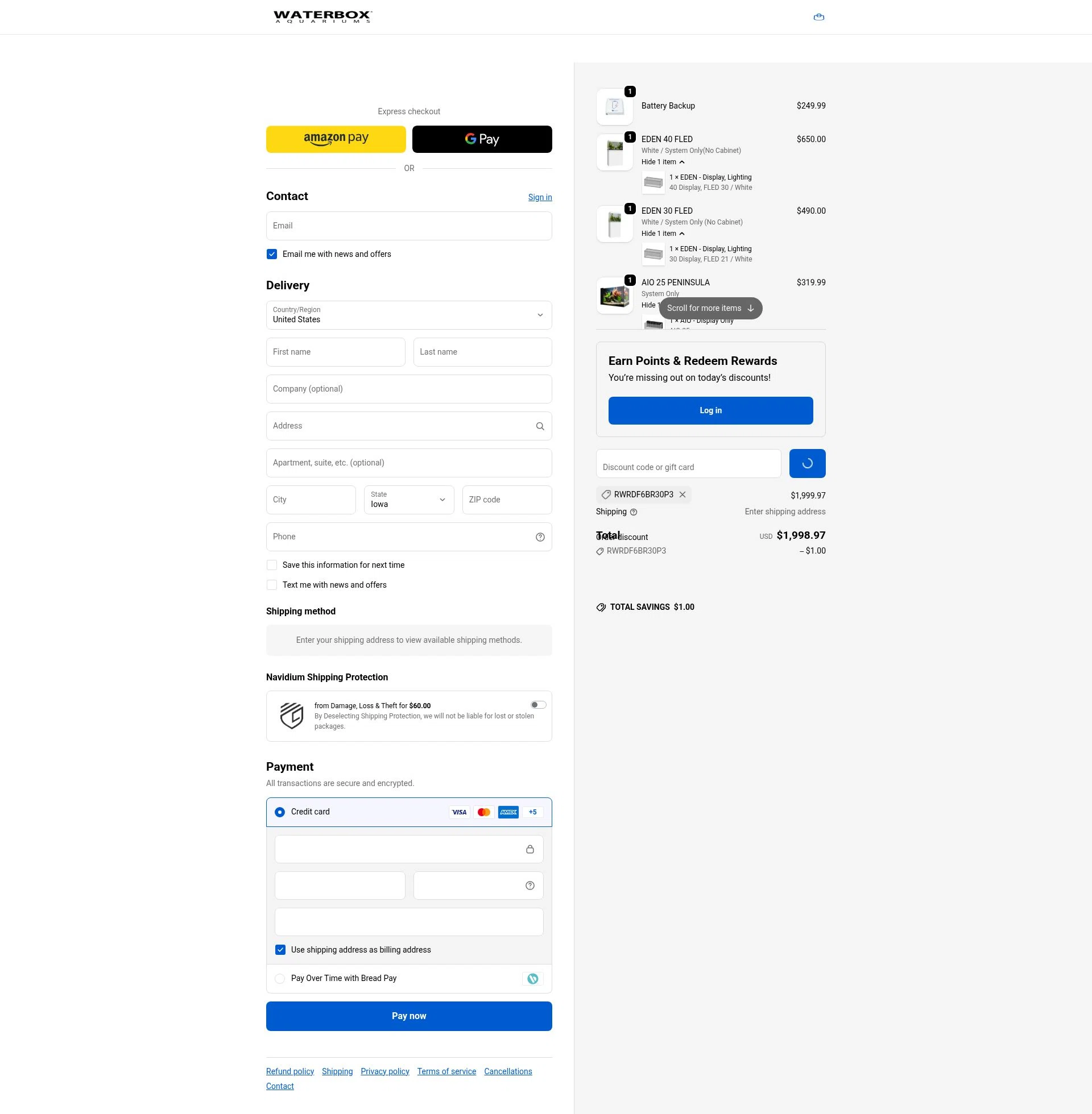Waterbox Aquariums checkout page showing Waterbox Aquariums discount code box | Screenshot taken by SimplyCodes community member on Jan 17, 2026