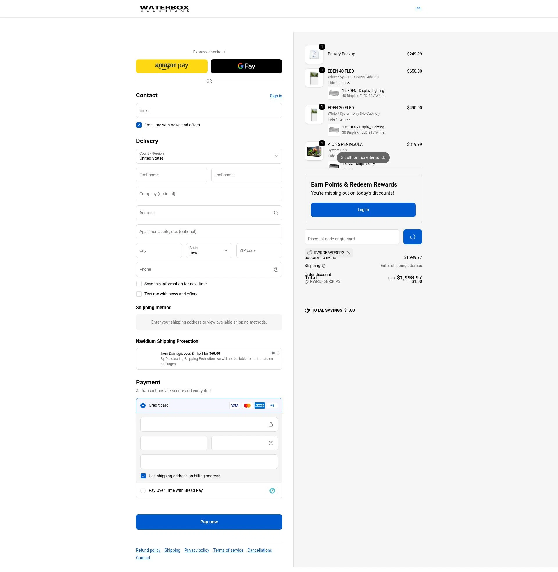 Waterbox Aquariums checkout page showing Waterbox Aquariums discount code box | Screenshot taken by SimplyCodes community member on Jan 31, 2026