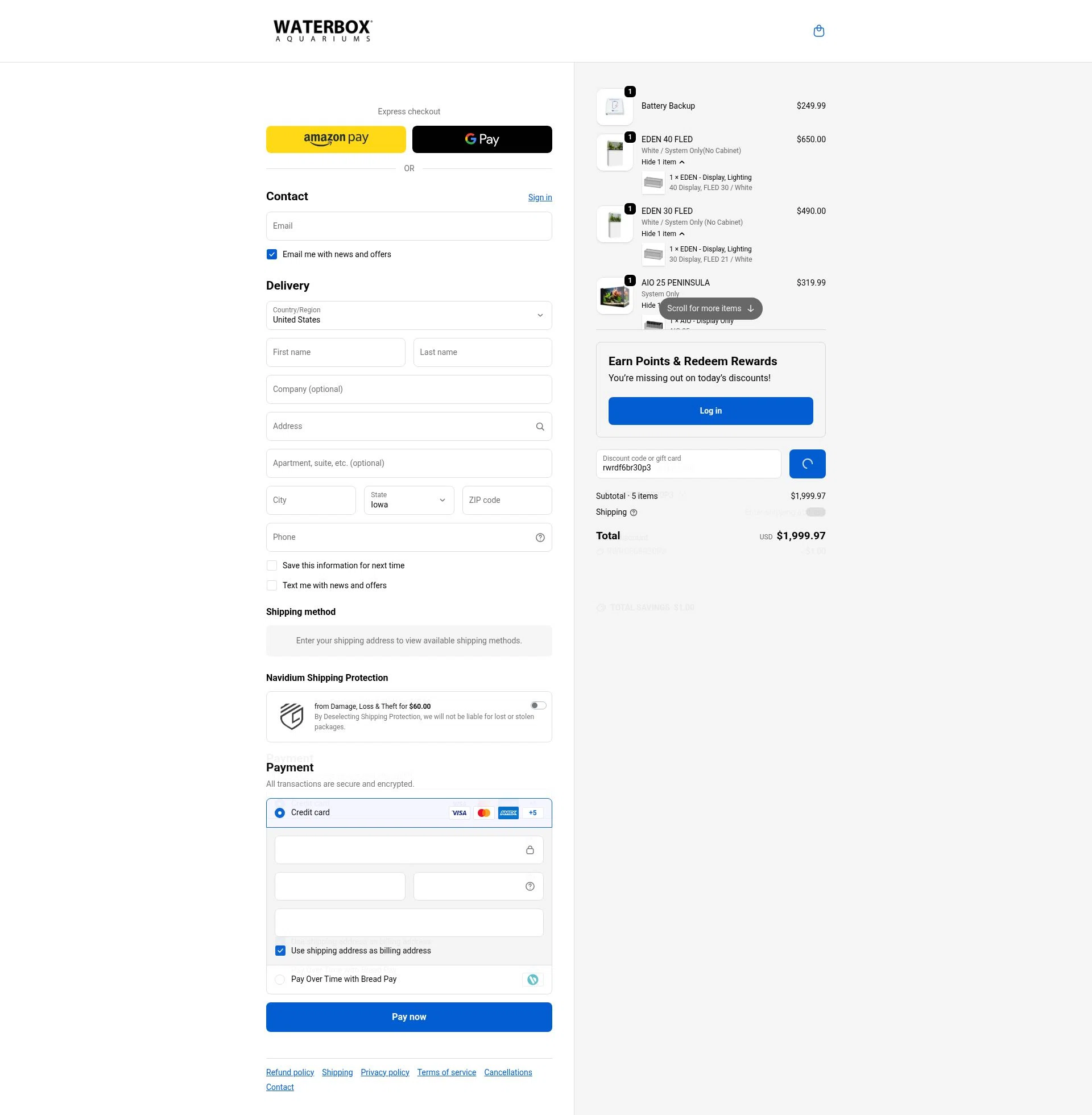 Waterbox Aquariums checkout page showing Waterbox Aquariums discount code box | Screenshot taken by SimplyCodes community member on Jan 12, 2026