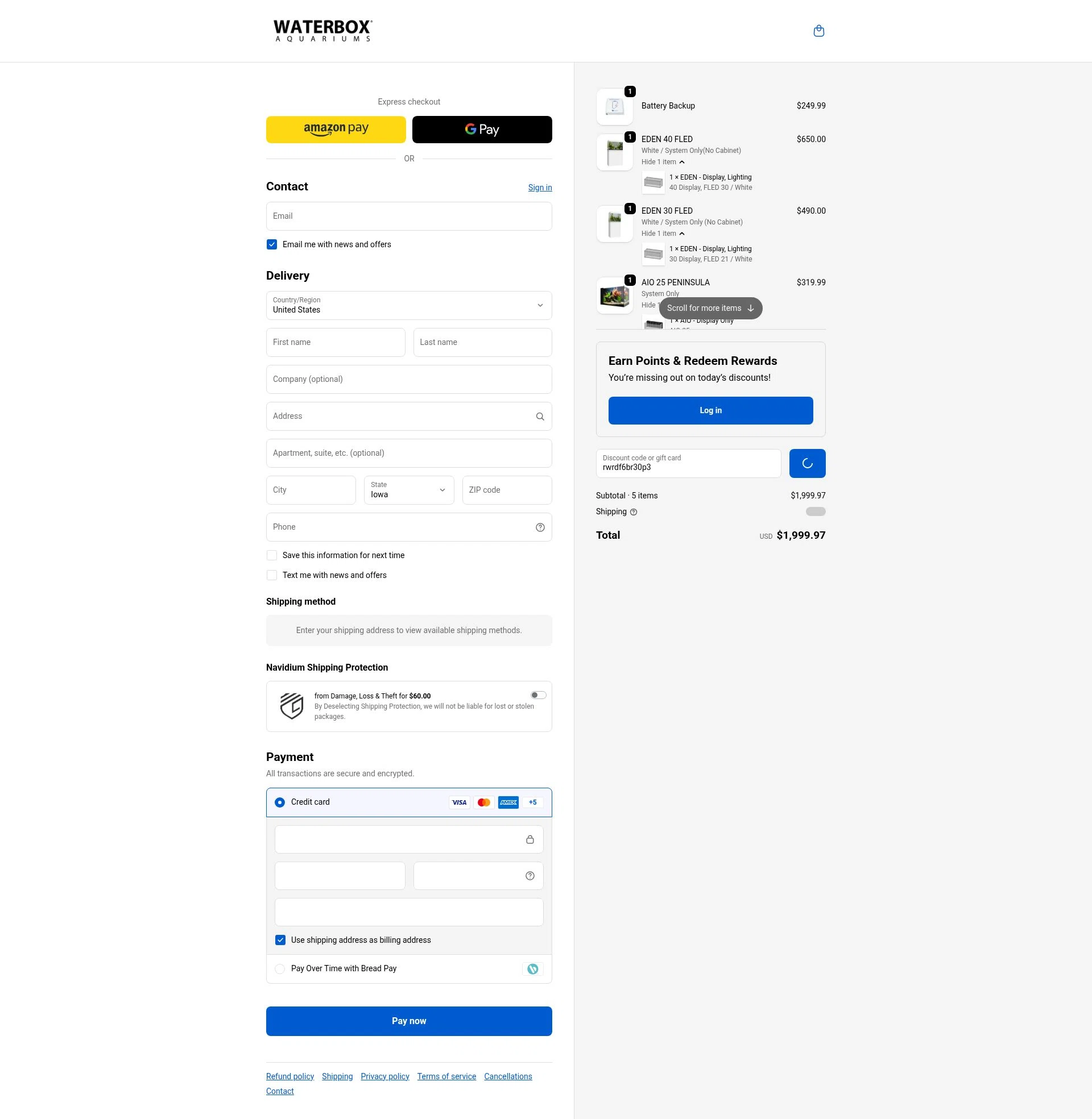 Waterbox Aquariums checkout page showing Waterbox Aquariums discount code box | Screenshot taken by SimplyCodes community member on Feb 4, 2026