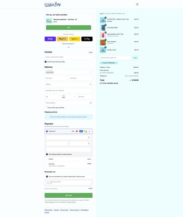 Waterboy checkout page showing Waterboy discount code box | Screenshot taken by SimplyCodes community member on Sep 8, 2025