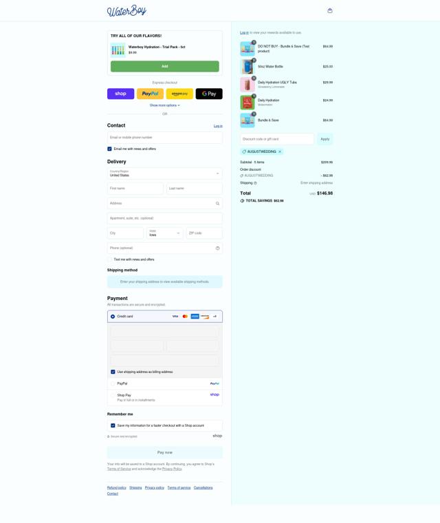 Waterboy checkout page showing Waterboy discount code box | Screenshot taken by SimplyCodes community member on Sep 4, 2025