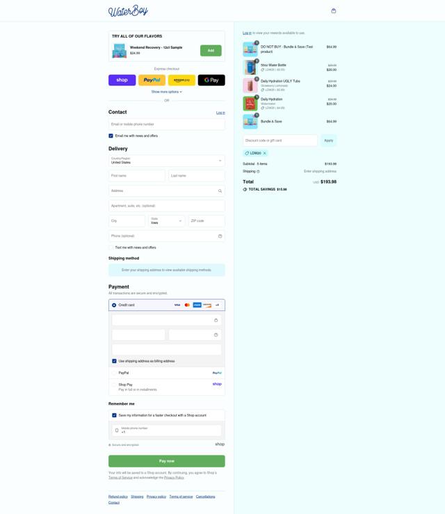 Waterboy checkout page showing Waterboy discount code box | Screenshot taken by SimplyCodes community member on Aug 31, 2025