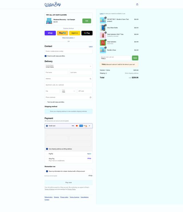 Waterboy checkout page showing Waterboy discount code box | Screenshot taken by SimplyCodes community member on Aug 31, 2025