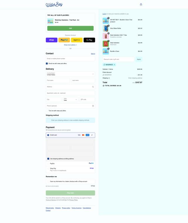 Waterboy checkout page showing Waterboy discount code box | Screenshot taken by SimplyCodes community member on Sep 12, 2025