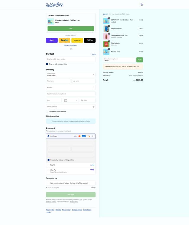 Waterboy checkout page showing Waterboy discount code box | Screenshot taken by SimplyCodes community member on Sep 8, 2025