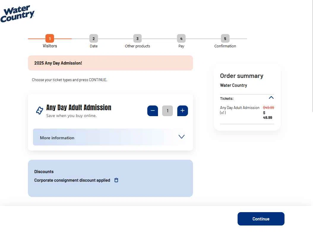 Water Country checkout page showing Water Country promo code box | Screenshot taken by SimplyCodes community member on Aug 19, 2025