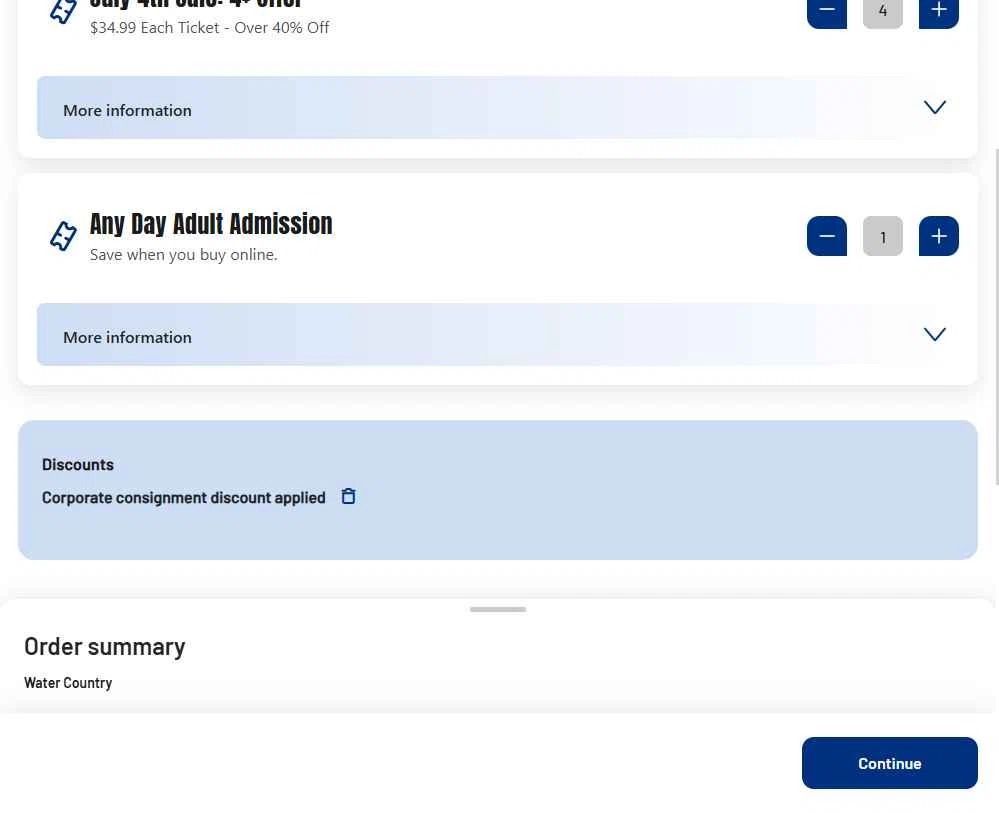 Water Country checkout page showing Water Country promo code box | Screenshot taken by SimplyCodes community member on Jul 1, 2025