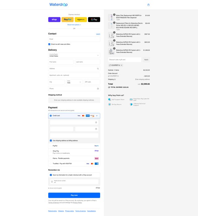 Water Filter checkout page showing Water Filter discount code box | Screenshot taken by SimplyCodes community member on Sep 3, 2025