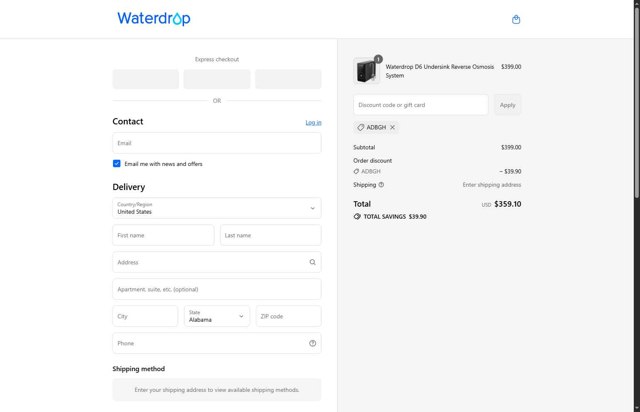 Water Filter checkout page showing Water Filter discount code box | Screenshot taken by SimplyCodes community member on Sep 3, 2025