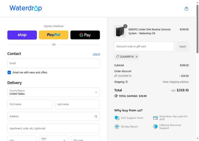 Water Filter checkout page showing Water Filter discount code box | Screenshot taken by SimplyCodes community member on Sep 4, 2025