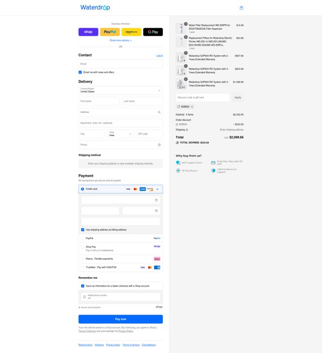 Water Filter checkout page showing Water Filter discount code box | Screenshot taken by SimplyCodes community member on Sep 6, 2025