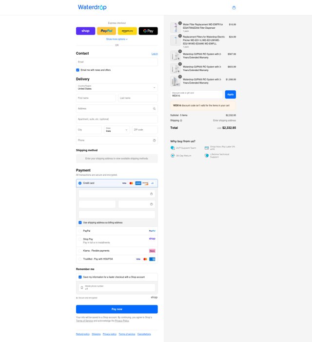 Water Filter checkout page showing Water Filter discount code box | Screenshot taken by SimplyCodes community member on Sep 3, 2025