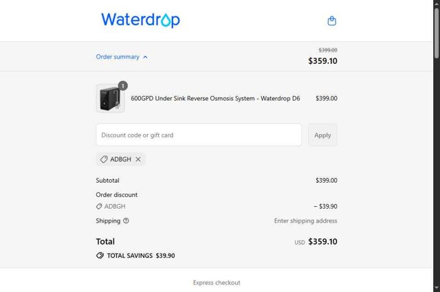 Water Filter checkout page showing Water Filter discount code box | Screenshot taken by SimplyCodes community member on Sep 6, 2025
