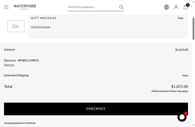 Waterford checkout page showing Waterford promo code box | Screenshot taken by SimplyCodes community member on Apr 27, 2025