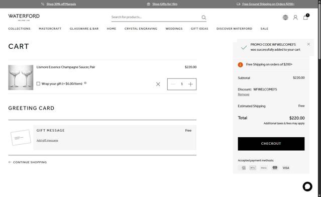 Waterford checkout page showing Waterford promo code box | Screenshot taken by SimplyCodes community member on May 19, 2025